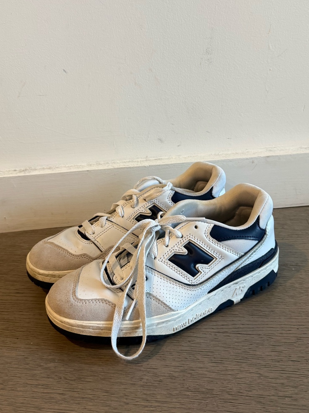 New Balance White and Navy 550 Sneakers